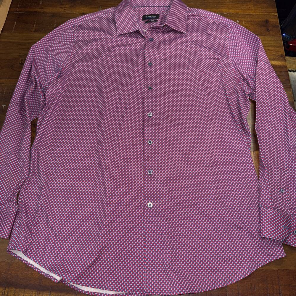 Bugatchi Shirt Mens XXL Red/Blue Geometric Performance Long Sleeve 8 Way Stretch